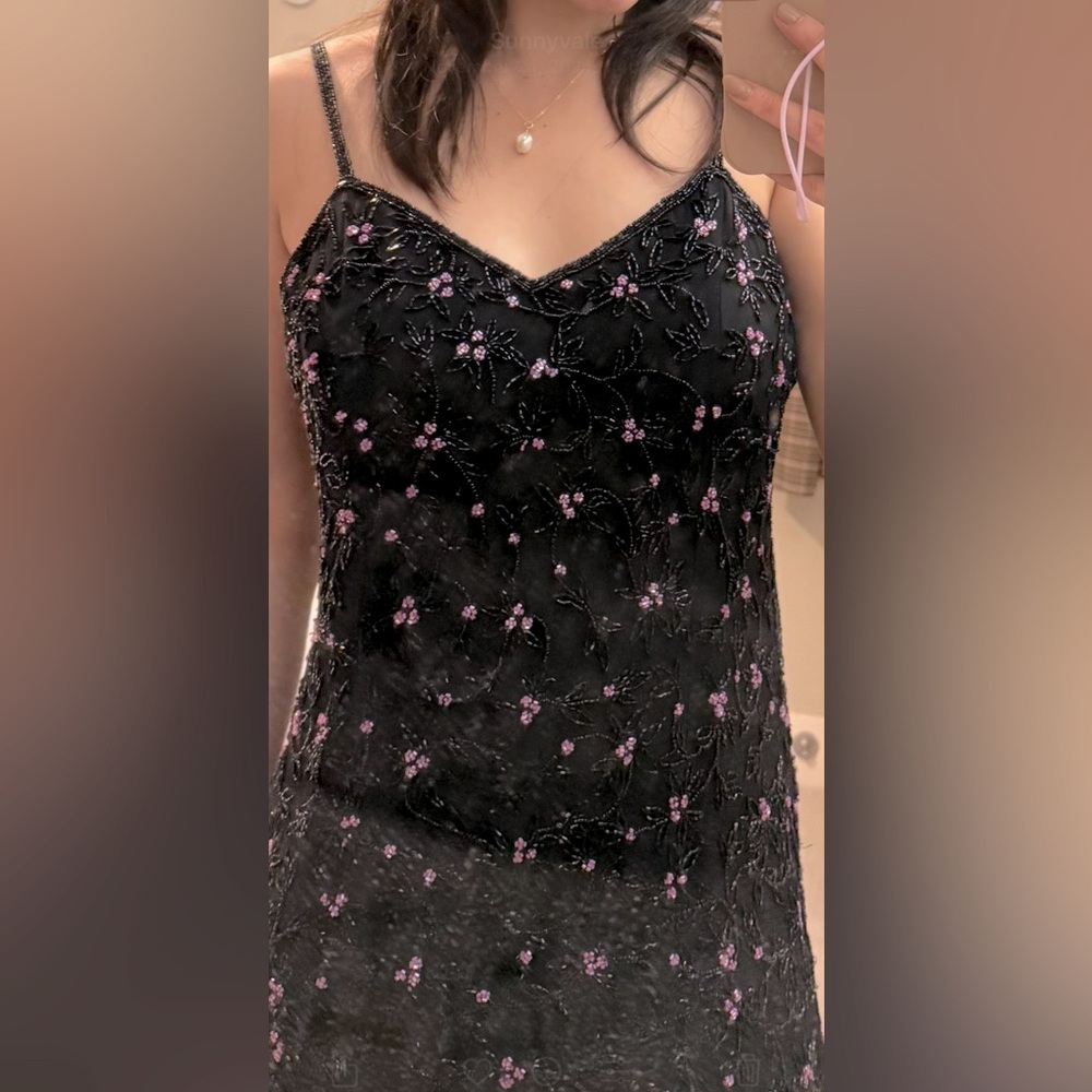 Vintage black floral beaded (100% silk) cocktail semiformal slip dress Paradise - Picture 4 of 16